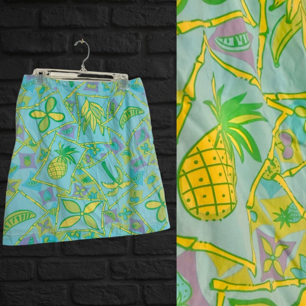 Vintage Lilly Pulitzer Aqua Teal Purple Mini Skirt Tropical Pineapple Bamboo 6